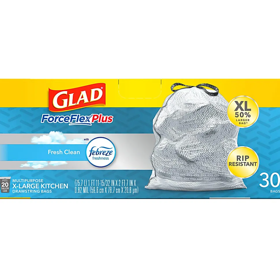 Glad ForceFlexPlus XL X, Large Kitchen Drawstring Trash Bags, Fresh Clean with Febreze Freshness, Large Size, 30 Count - CLO78913