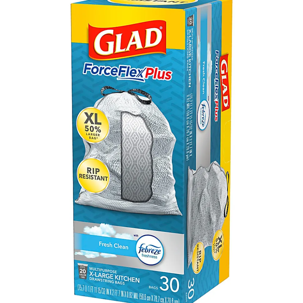 Glad ForceFlexPlus XL X, Large Kitchen Drawstring Trash Bags, Fresh Clean with Febreze Freshness, Large Size, 30 Count - CLO78913
