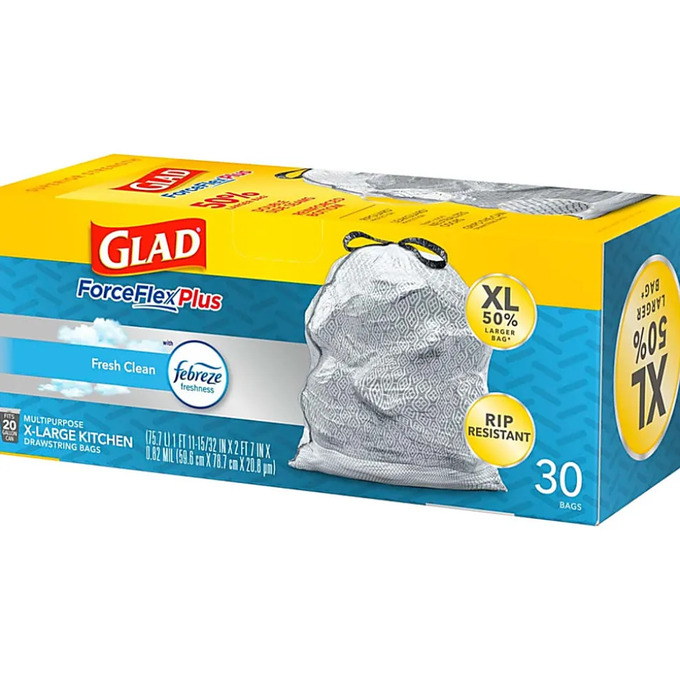 Glad ForceFlexPlus XL X, Large Kitchen Drawstring Trash Bags, Fresh Clean with Febreze Freshness, Large Size, 30 Count - CLO78913