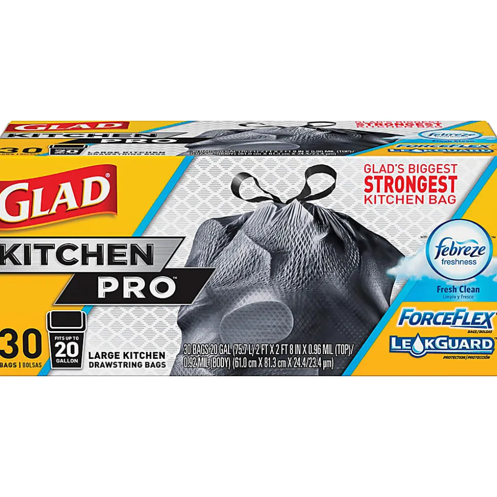 Glad ForceFlexPlus XL X, Large Kitchen Drawstring Trash Bags, Fresh Clean with Febreze Freshness, Large Size, 30 Count - CLO78913