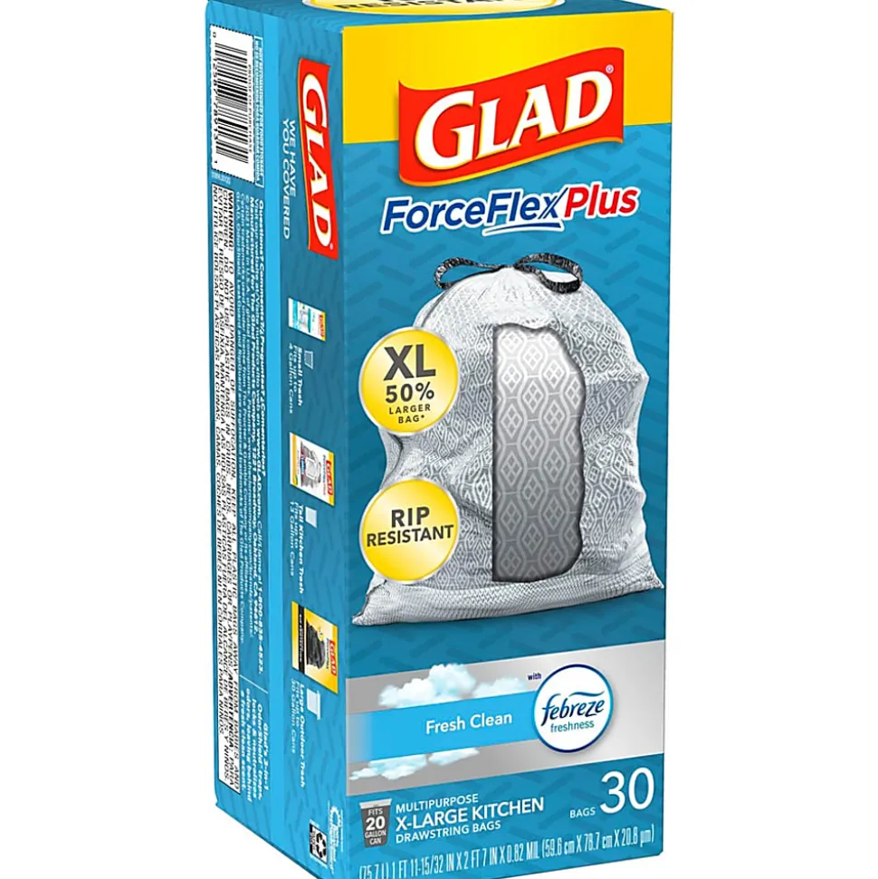 Glad ForceFlexPlus XL X, Large Kitchen Drawstring Trash Bags, Fresh Clean with Febreze Freshness, Large Size, 30 Count - CLO78913