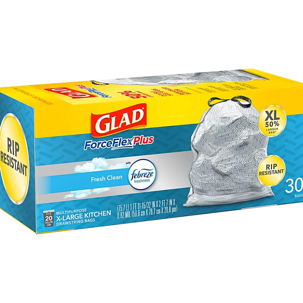 Glad ForceFlexPlus XL X, Large Kitchen Drawstring Trash Bags, Fresh Clean with Febreze Freshness, Large Size, 30 Count - CLO78913
