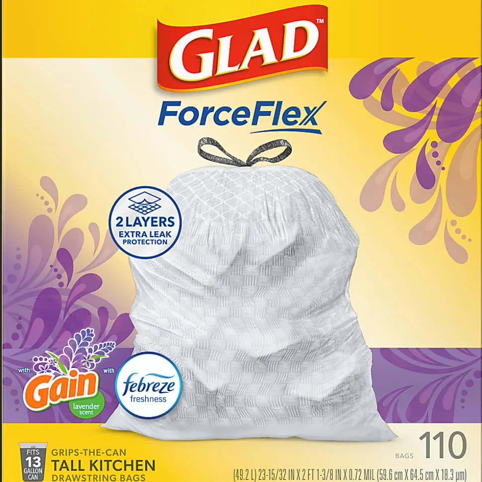 Glad ForceFlex Tall Kitchen Drawstring Trash Bags, 0.72 mil, 13 Gallon, Gain Lavender with Febreze Freshness, 110 Count