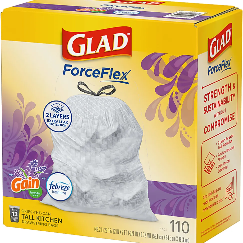 Glad ForceFlex Tall Kitchen Drawstring Trash Bags, 0.72 mil, 13 Gallon, Gain Lavender with Febreze Freshness, 110 Count