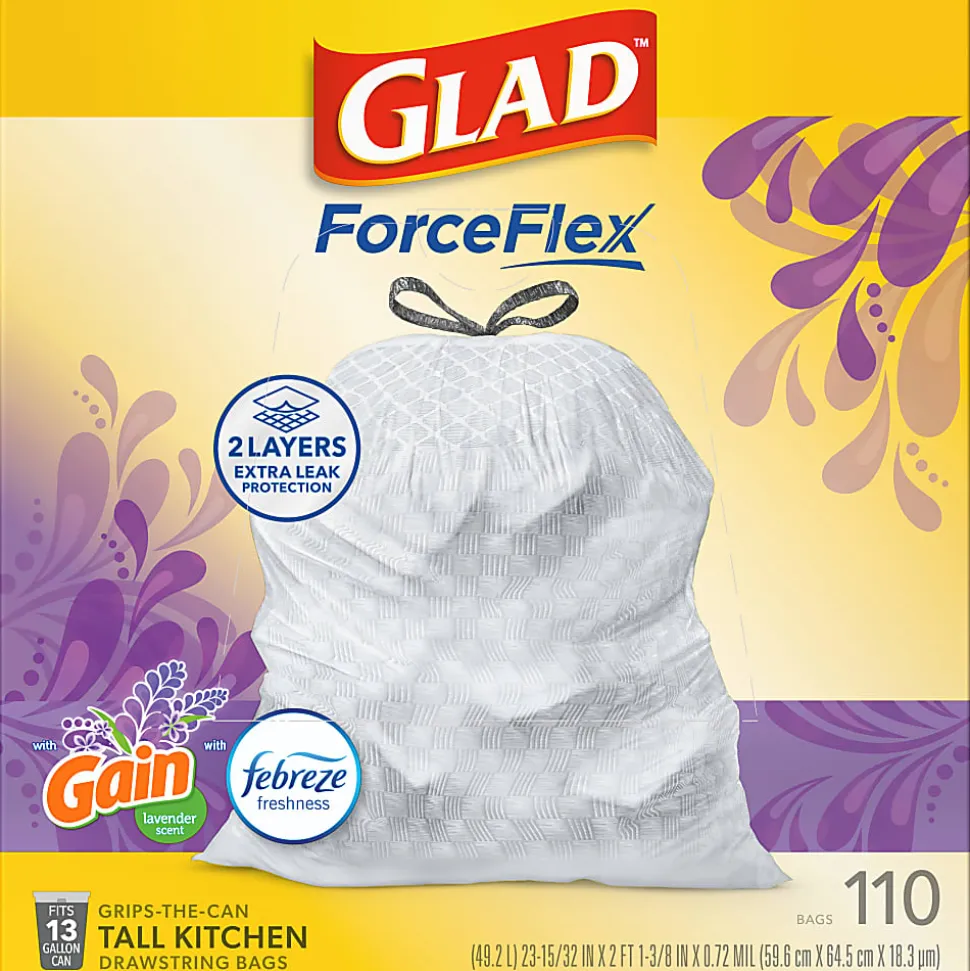 Glad ForceFlex Tall Kitchen Drawstring Trash Bags, 0.72 mil, 13 Gallon, Gain Lavender with Febreze Freshness, 110 Count