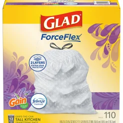 Glad ForceFlex Tall Kitchen Drawstring Trash Bags, 0.72 mil, 13 Gallon, Gain Lavender with Febreze Freshness, 110 Count