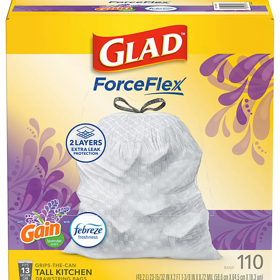 Glad ForceFlex Tall Kitchen Drawstring Trash Bags, 0.72 mil, 13 Gallon, Gain Lavender with Febreze Freshness, 110 Count