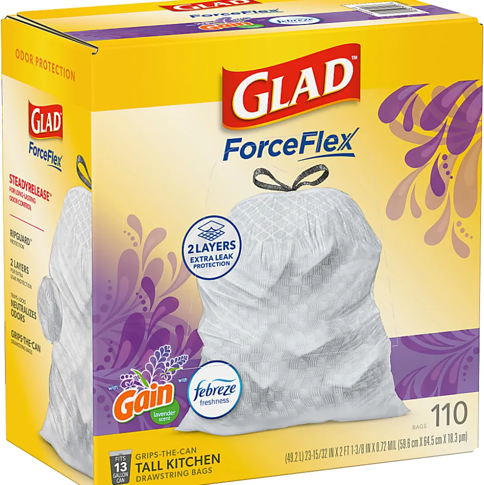 Glad ForceFlex Tall Kitchen Drawstring Trash Bags, 0.72 mil, 13 Gallon, Gain Lavender with Febreze Freshness, 110 Count