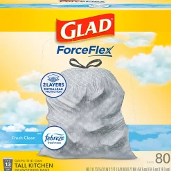 Glad ForceFlex Tall Kitchen Drawstring Trash Bags,  0.95 mil, 13 Gallon, Fresh Clean, 80 Count (78534)