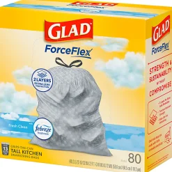 Glad ForceFlex Tall Kitchen Drawstring Trash Bags,  0.95 mil, 13 Gallon, Fresh Clean, 80 Count (78534)