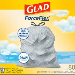 Glad ForceFlex Tall Kitchen Drawstring Trash Bags,  0.95 mil, 13 Gallon, Fresh Clean, 80 Count (78534)