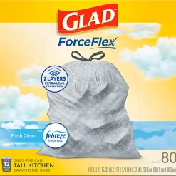 Glad ForceFlex Tall Kitchen Drawstring Trash Bags,  0.95 mil, 13 Gallon, Fresh Clean, 80 Count (78534)