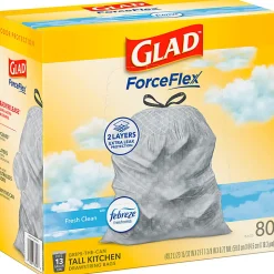 Glad ForceFlex Tall Kitchen Drawstring Trash Bags,  0.95 mil, 13 Gallon, Fresh Clean, 80 Count (78534)