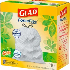 Glad ForceFlex Tall Kitchen Drawstring Trash Bags, 0.72 mil, 13 Gallon, Gain Original with Febreze Freshness, 110 Count