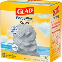 Glad® ForceFlex Tall Kitchen Drawstring Trash Bags, 0.72 mil, 13 Gallon, Gain Fresh Clean, 110 Count (78554)