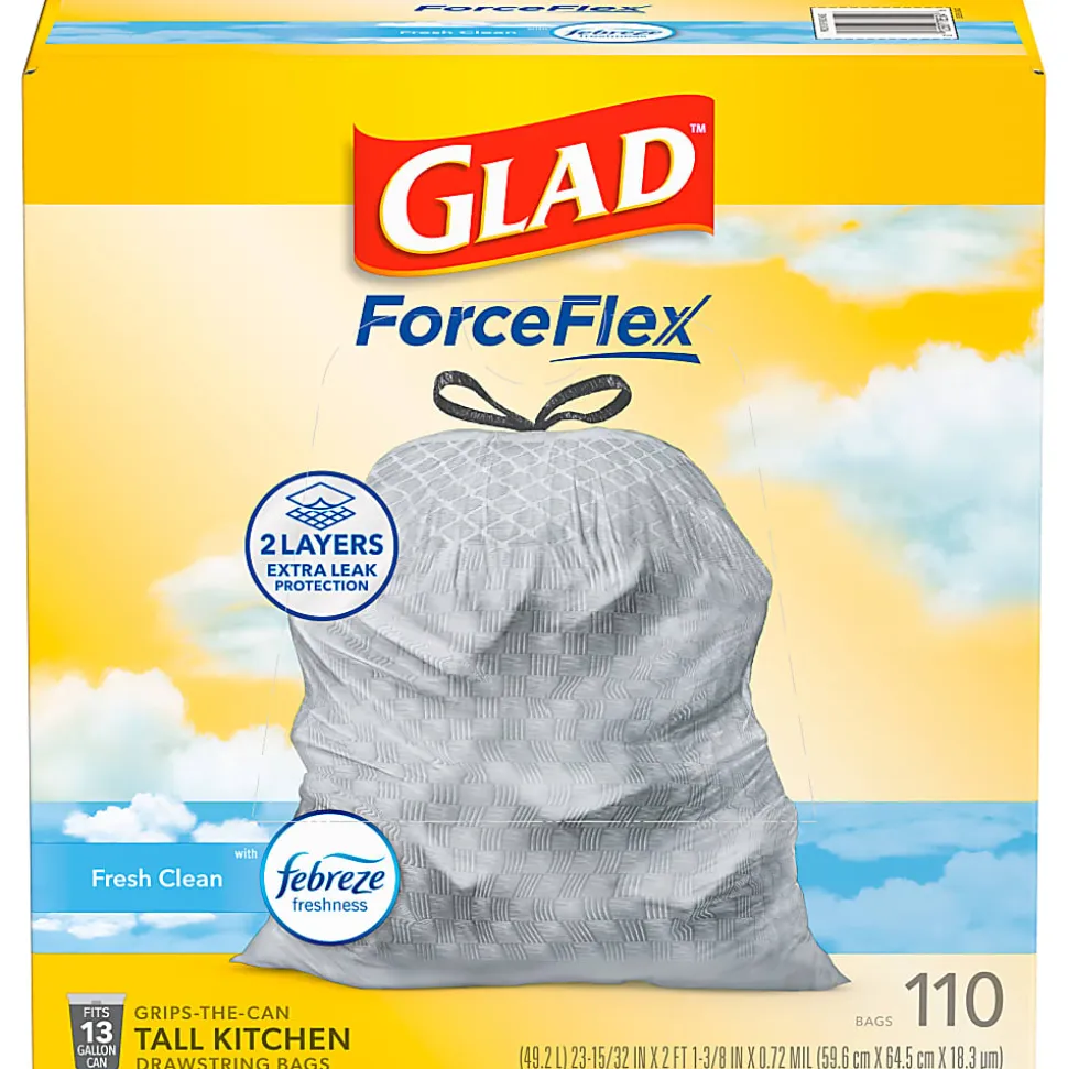 Glad® ForceFlex Tall Kitchen Drawstring Trash Bags, 0.72 mil, 13 Gallon, Gain Fresh Clean, 110 Count (78554)