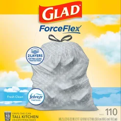 Glad® ForceFlex Tall Kitchen Drawstring Trash Bags, 0.72 mil, 13 Gallon, Gain Fresh Clean, 110 Count (78554)