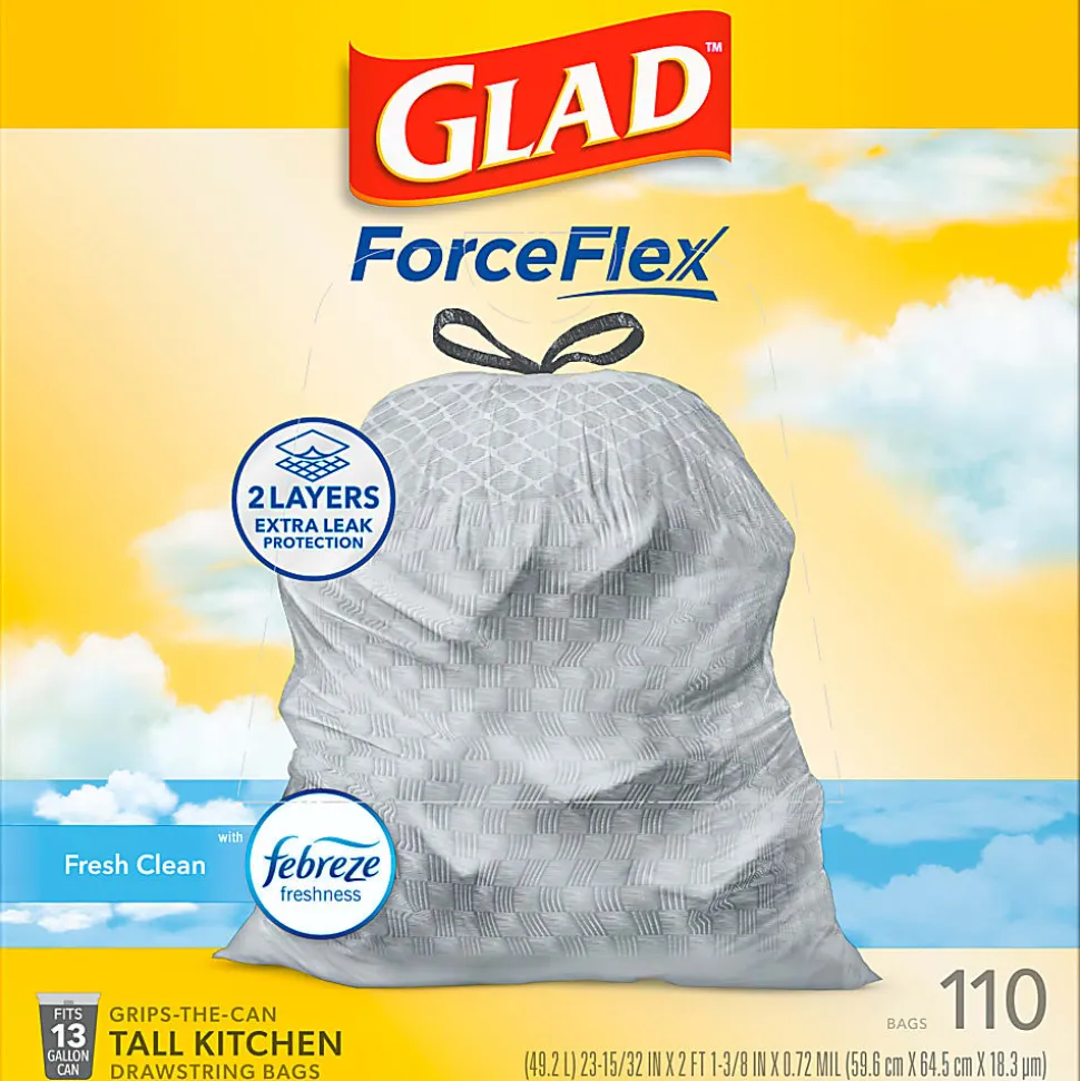 Glad® ForceFlex Tall Kitchen Drawstring Trash Bags, 0.72 mil, 13 Gallon, Gain Fresh Clean, 110 Count (78554)