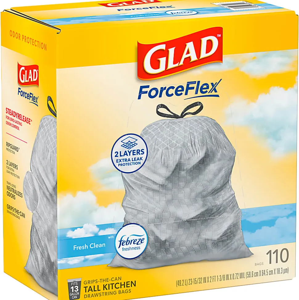 Glad® ForceFlex Tall Kitchen Drawstring Trash Bags, 0.72 mil, 13 Gallon, Gain Fresh Clean, 110 Count (78554)