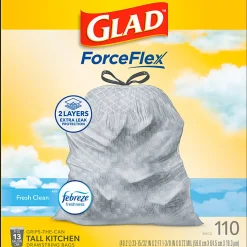 Glad® ForceFlex Tall Kitchen Drawstring Trash Bags, 0.72 mil, 13 Gallon, Gain Fresh Clean, 110 Count (78554)