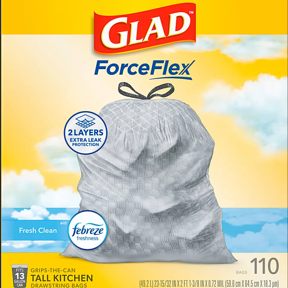 Glad® ForceFlex Tall Kitchen Drawstring Trash Bags, 0.72 mil, 13 Gallon, Gain Fresh Clean, 110 Count (78554)