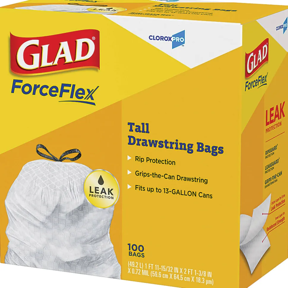 Glad ForceFlex Tall Kitchen Drawstring Trash Bags, 78526CT, 100-Pack