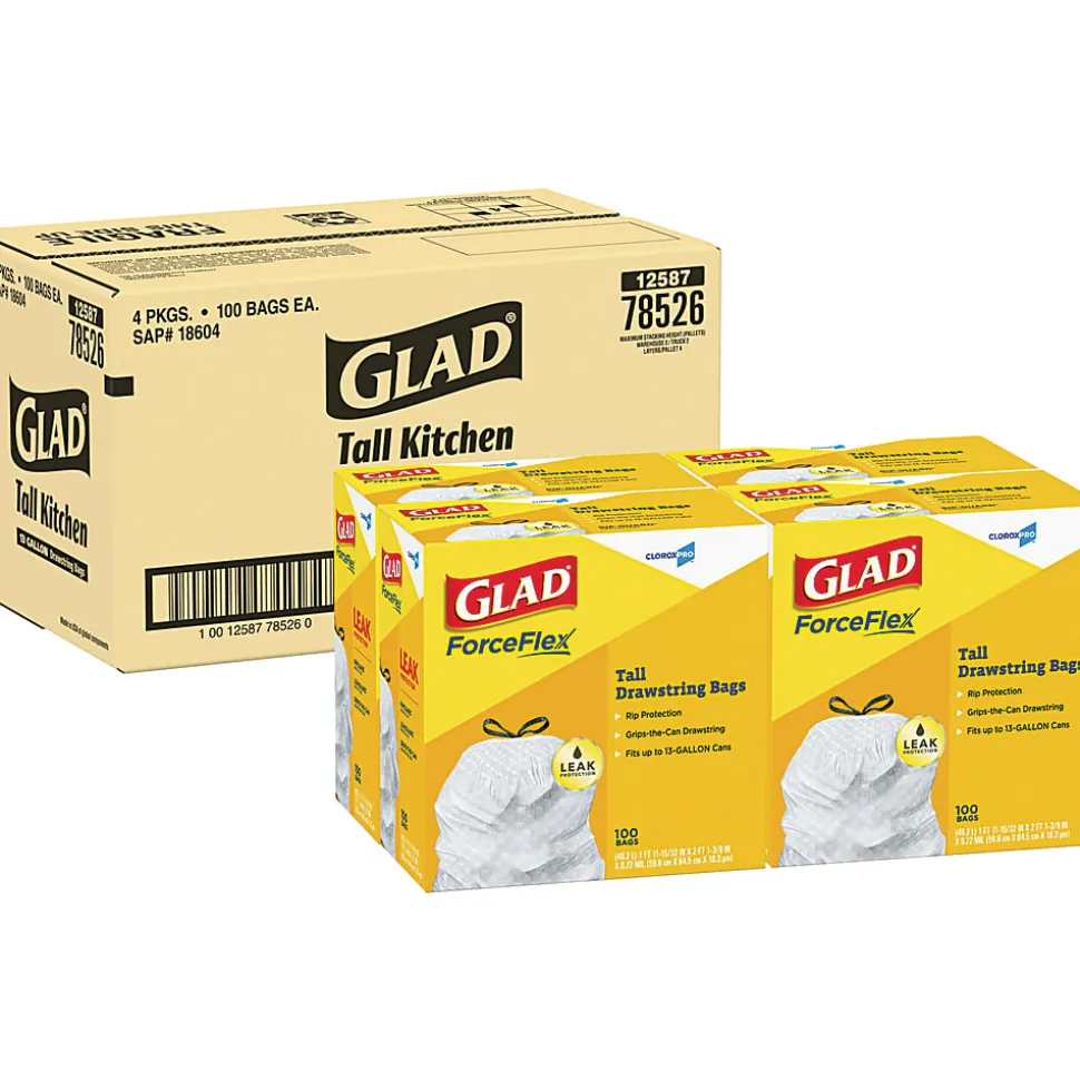 Glad ForceFlex Tall Kitchen Drawstring Trash Bags, 78526CT, 100-Pack