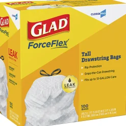 Glad ForceFlex Tall Kitchen Drawstring Trash Bags, 78526CT, 100-Pack