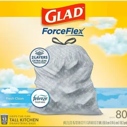 Glad® ForceFlex Tall Kitchen Drawstring Trash Bags With Febreze® Freshness, 13 Gallon, White, Total Qty 240