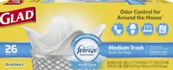 Glad® Medium Quick-Tie Trash Bags - OdorShield® 8 Gallon White Trash Bag, 0.74 mil, Febreze Fresh Clean - 26 Count