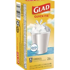 GladĀ® OdorShieldĀ® Quick-TieĀ® Small Trash Bags, Ā 0.5 mil, Tie-Flap, 4 gal, Febreze Fresh Clean Scent, 8 x 18, White, 26 Bags/Box, 6 Boxes/Carton