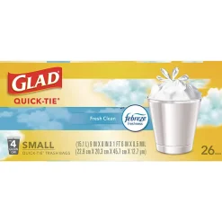 Glad® OdorShield® Quick-Tie® Small Trash Bags,  0.5 mil, Tie-Flap, 4 gal, Febreze Fresh Clean Scent, 8 x 18, White, 26 Bags/Box, 6 Boxes/Carton