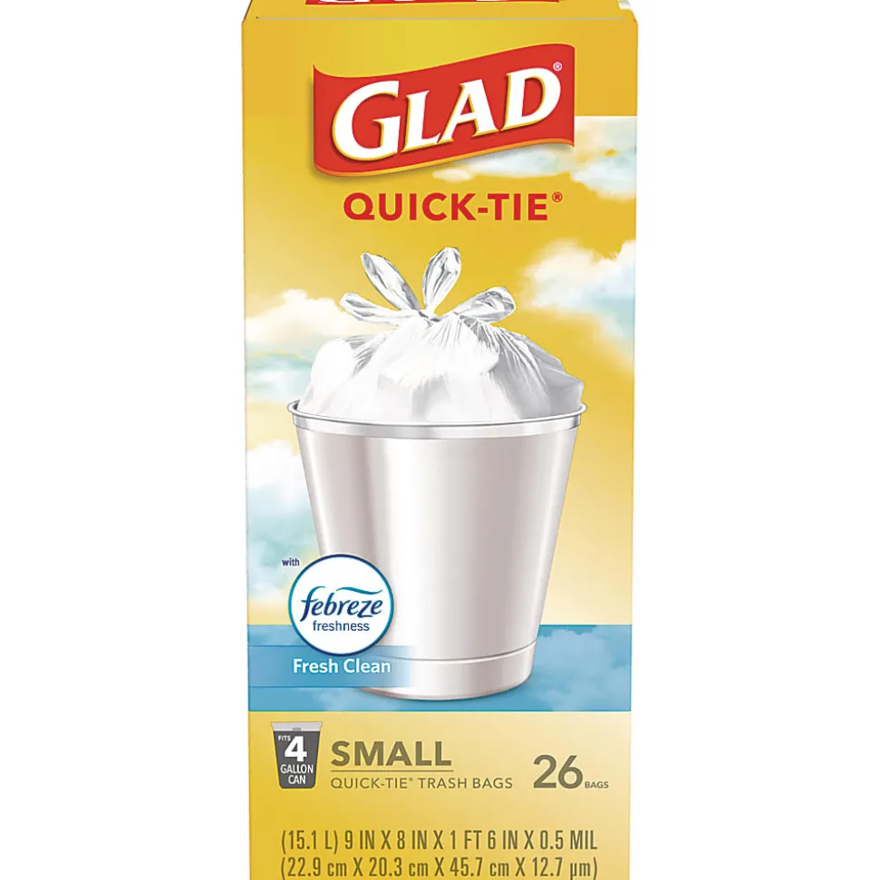 Glad® OdorShield® Quick-Tie® Small Trash Bags, 0.5 mil, Tie-Flap, 4 gal, Febreze Fresh Clean Scent, 8 x 18, White, 26 Bags/Box, 6 Boxes/Carton