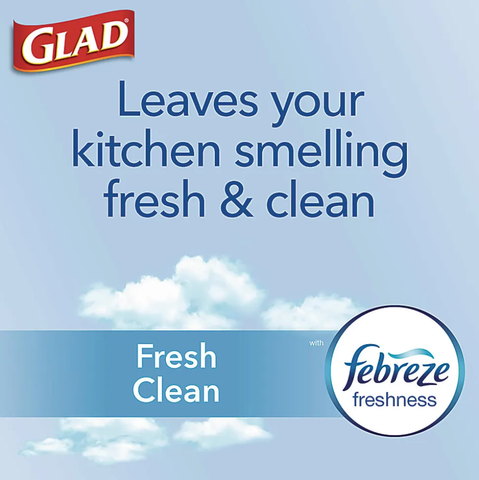 Glad® OdorShield® Quick-Tie® Small Trash Bags, 0.5 mil, Tie-Flap, 4 gal, Febreze Fresh Clean Scent, 8 x 18, White, 26 Bags/Box, 6 Boxes/Carton