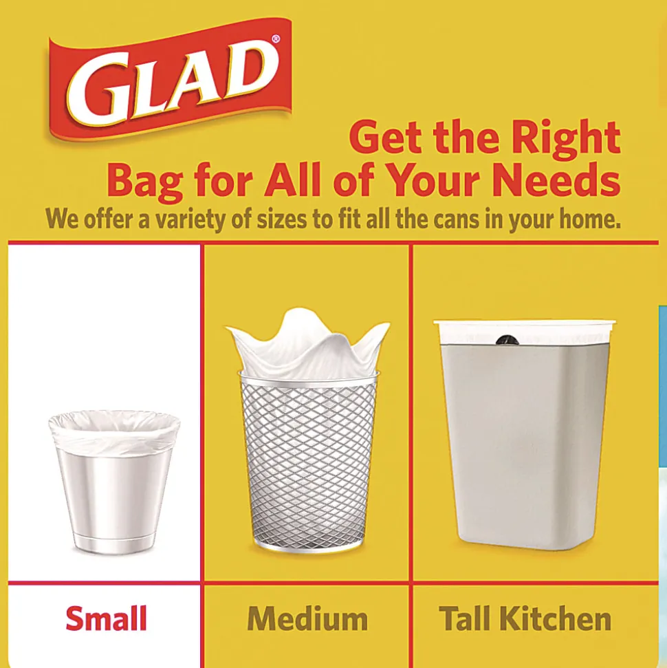 Glad® OdorShield® Quick-Tie® Small Trash Bags, 0.5 mil, Tie-Flap, 4 gal, Febreze Fresh Clean Scent, 8 x 18, White, 26 Bags/Box, 6 Boxes/Carton