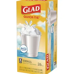 Glad® OdorShield® Quick-Tie® Small Trash Bags, 0.5 mil, Tie-Flap, 4 gal, Febreze Fresh Clean Scent, 8 x 18, White, 26 Bags/Box, 6 Boxes/Carton