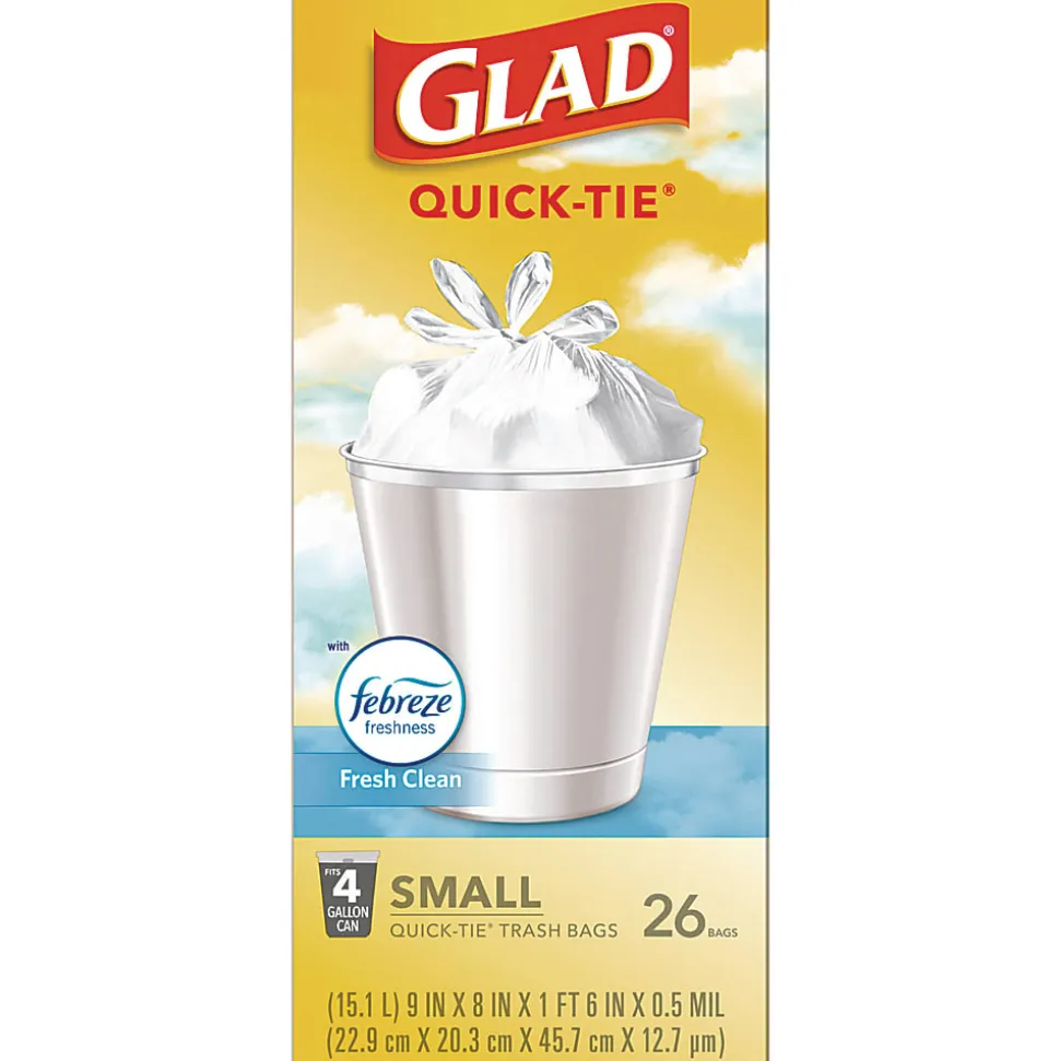 Glad® OdorShield® Quick-Tie® Small Trash Bags, 0.5 mil, Tie-Flap, 4 gal, Febreze Fresh Clean Scent, 8 x 18, White, 26 Bags/Box, 6 Boxes/Carton