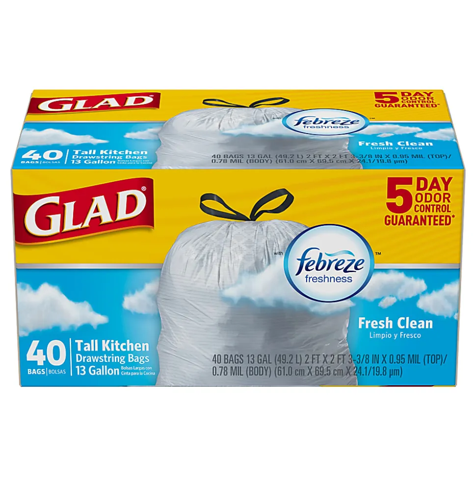 Glad® OdorShield® Tall Kitchen Trash Bags, 0.9 mil, 13 Gallons, Yellow, Box Of 40