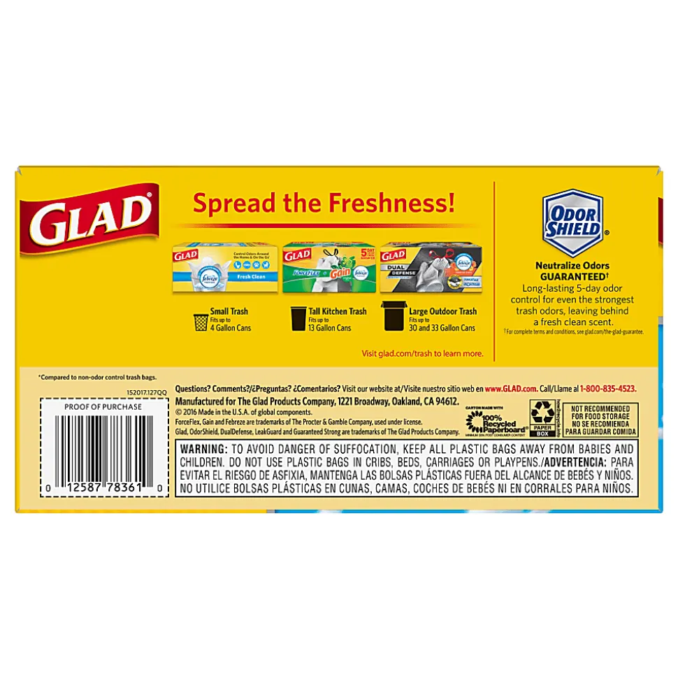 Glad® OdorShield® Tall Kitchen Trash Bags, 0.9 mil, 13 Gallons, Yellow, Box Of 40