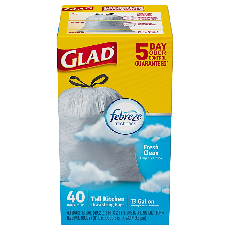 Glad® OdorShield® Tall Kitchen Trash Bags, 0.9 mil, 13 Gallons, Yellow, Box Of 40