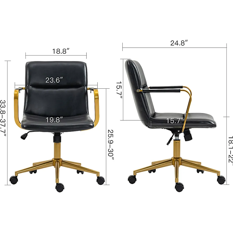 Glamour Home Azel Ergonomic Faux Leather Mid-Back Office Task Chair, Black/Gold