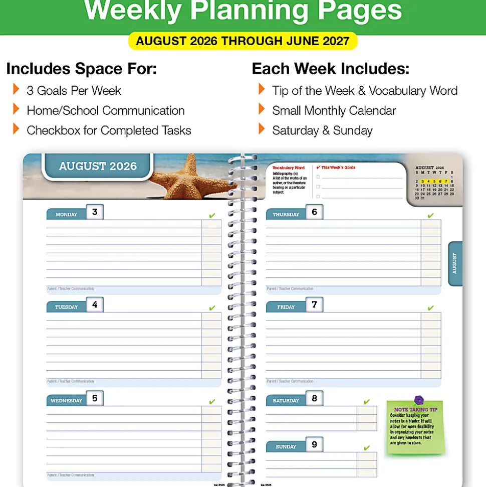 2026-2027 Global 11-Month Weekly/Monthly Academic Year Secondary Student-Block Planner, 5-1/2” x 8-1/2”, Blue, August To June, Total Qty 1
