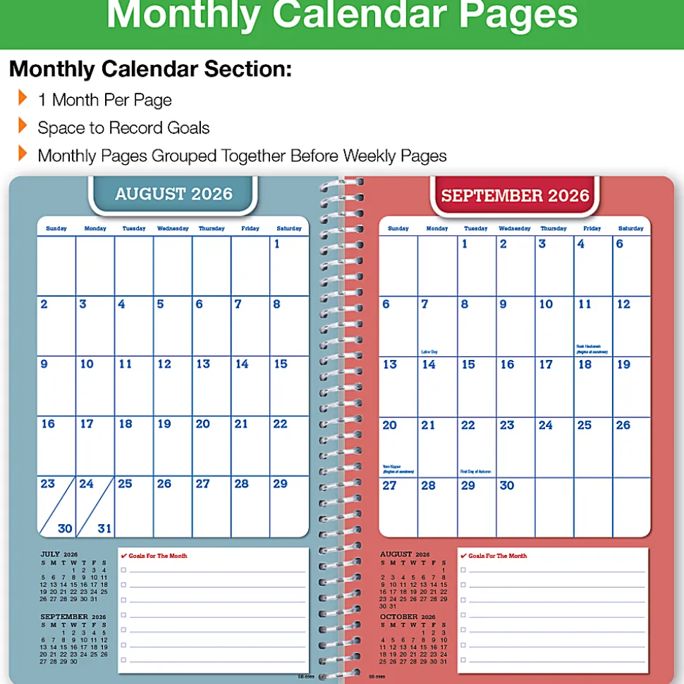 2026-2027 Global 11-Month Weekly/Monthly Academic Year Secondary Student-Block Planner, 5-1/2” x 8-1/2”, Blue, August To June, Total Qty 1