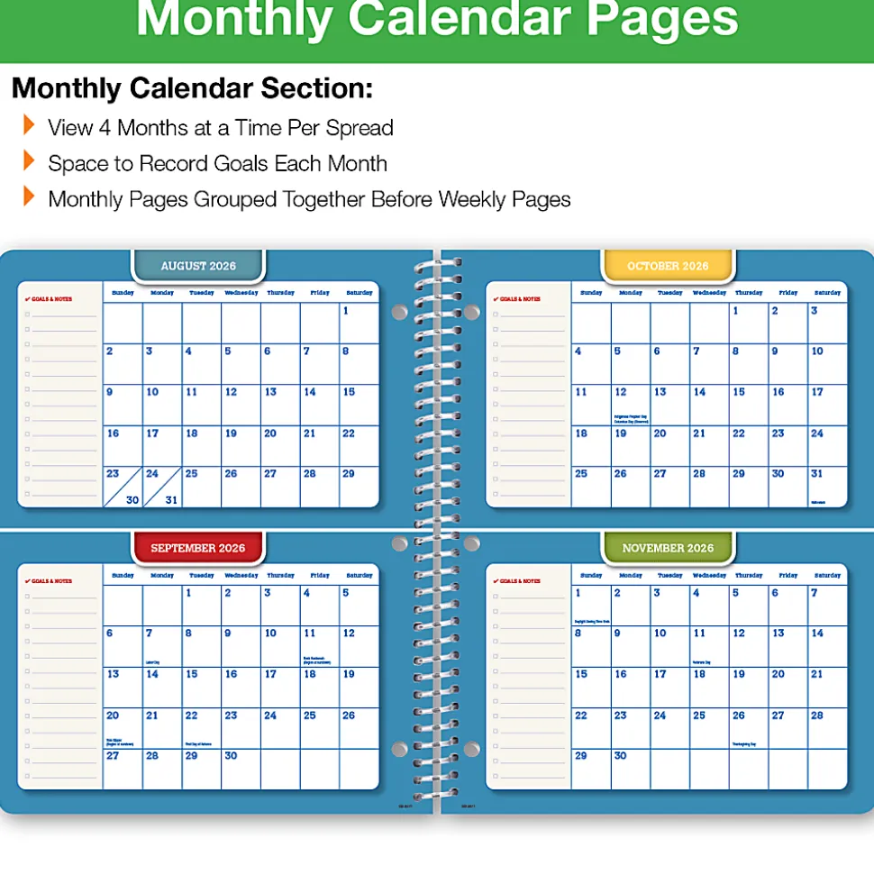 2026-2027 Global 11-Month Weekly/Monthly Academic Year Secondary Student-Block Planner, 8-1/2” x 11”, Blue, August To June, Total Qty 1