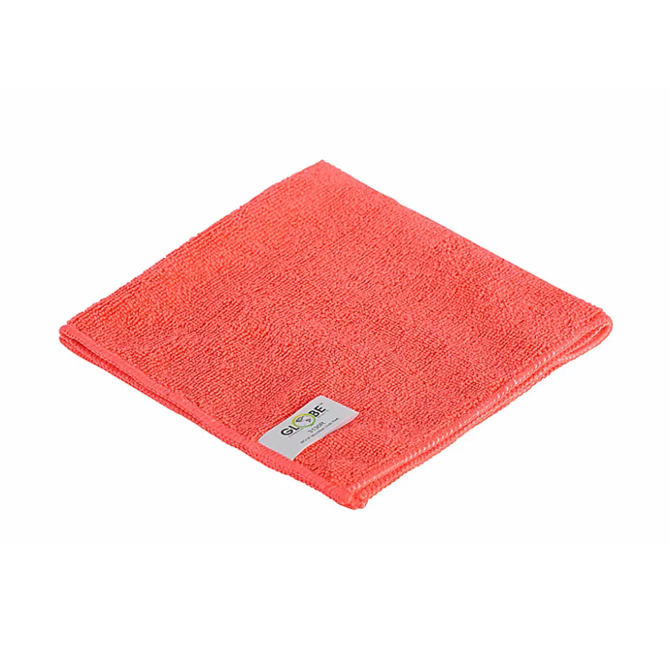 Globe Commercial Products Microfiber Cloths, 16" x 16", Red, Pack Of 10 Cloths