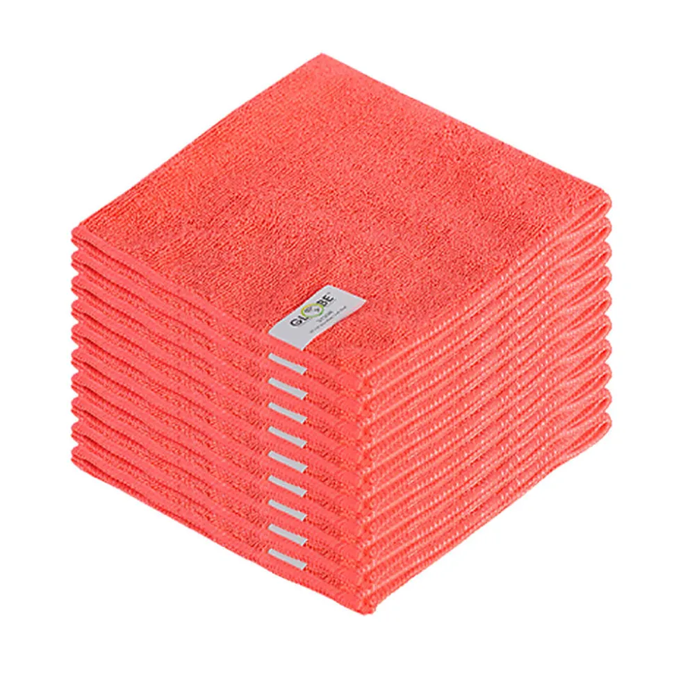 Globe Commercial Products Microfiber Cloths, 16" x 16", Red, Pack Of 10 Cloths