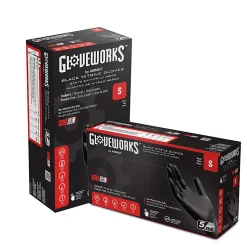 Gloveworks Black Nitrile Industrial Powder-Free Disposable Gloves, Small, Black, Box of 100 Gloves