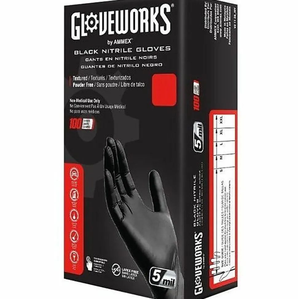 Gloveworks Black Nitrile Industrial Powder-Free Disposable Gloves, XXL, Black, Box of 100 Gloves
