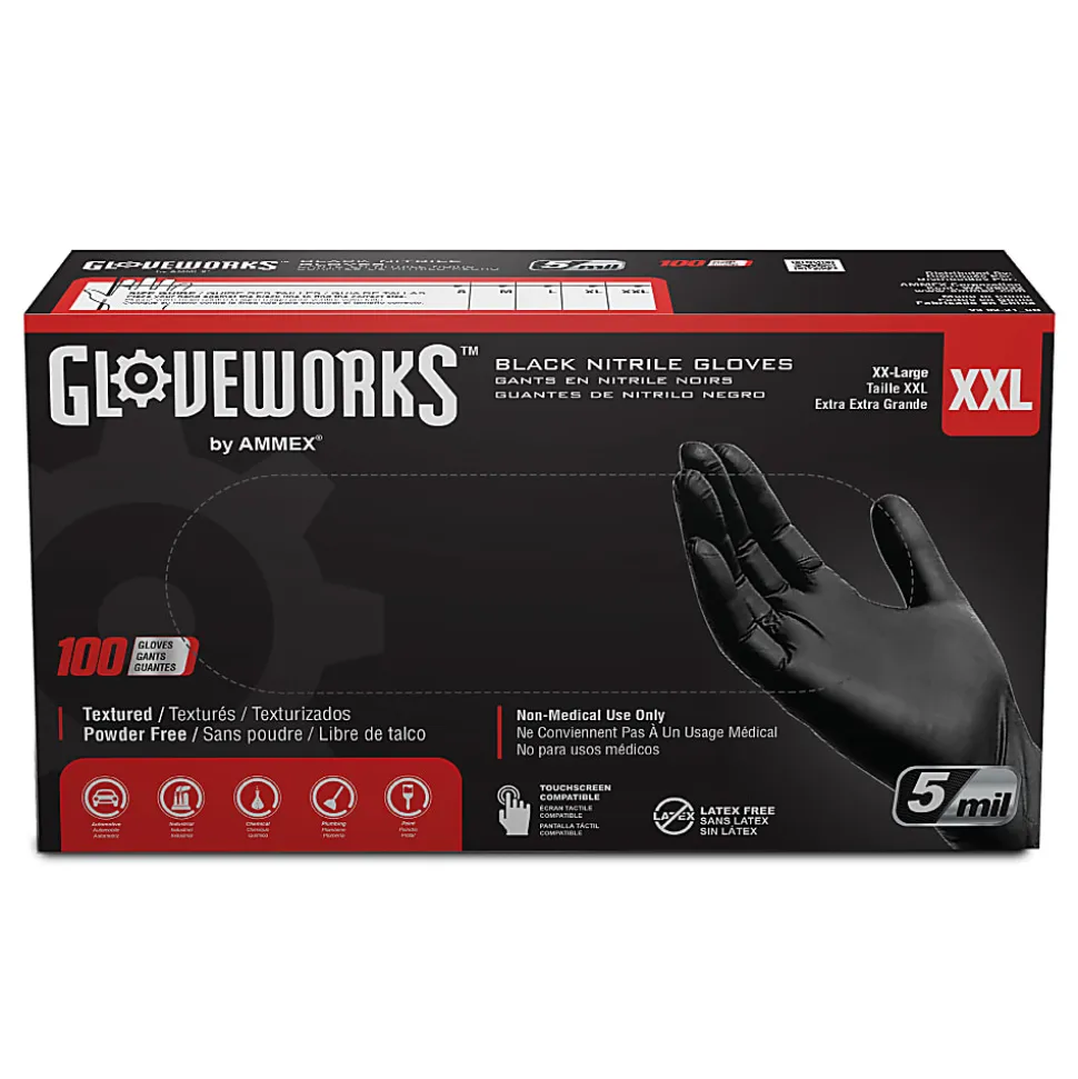 Gloveworks Black Nitrile Industrial Powder-Free Disposable Gloves, XXL, Black, Box of 100 Gloves