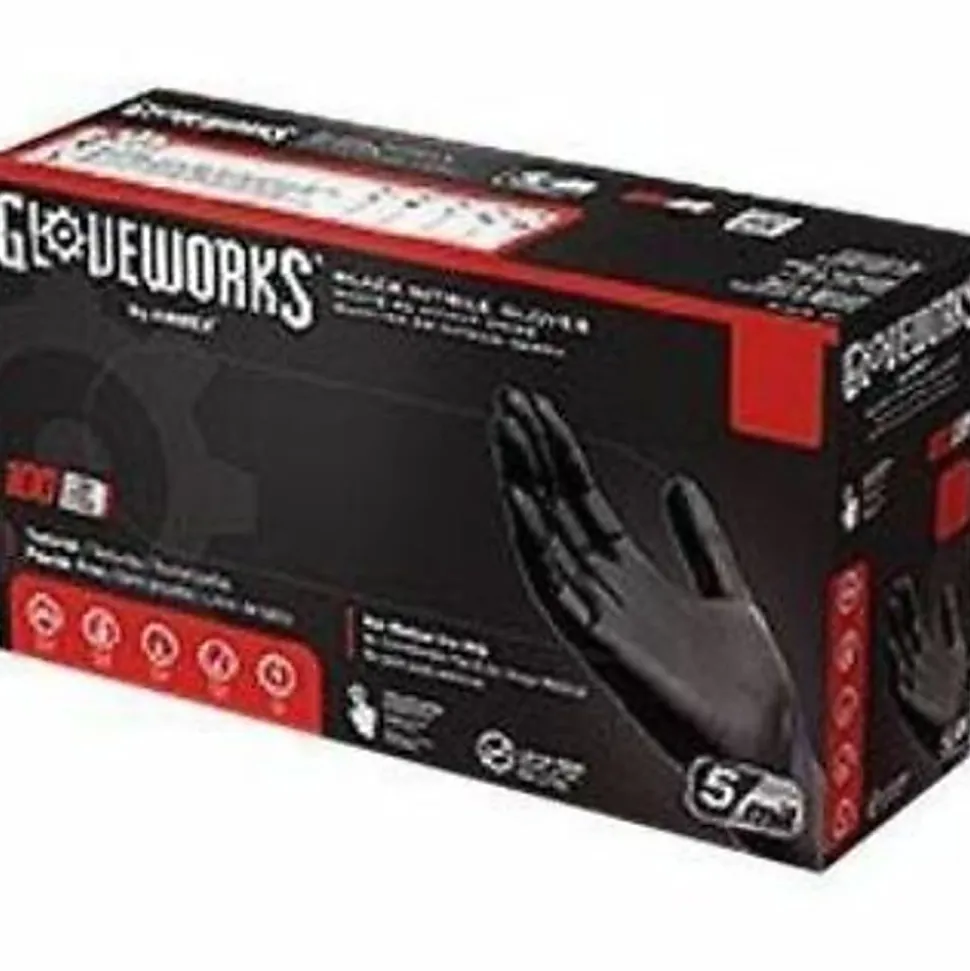 Gloveworks Black Nitrile Industrial Powder-Free Disposable Gloves, XXL, Black, Box of 100 Gloves
